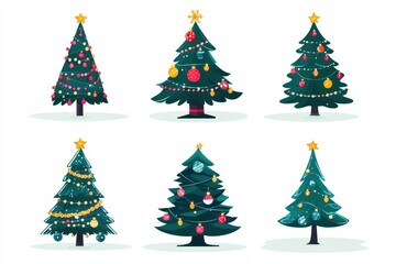 Six decorative Christmas trees adorned with lights and ornaments in a festive arrangement