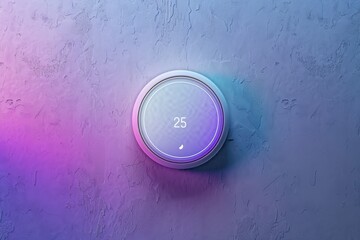 Modern smart thermostat displaying 25 degrees Celsius in a softly lit room