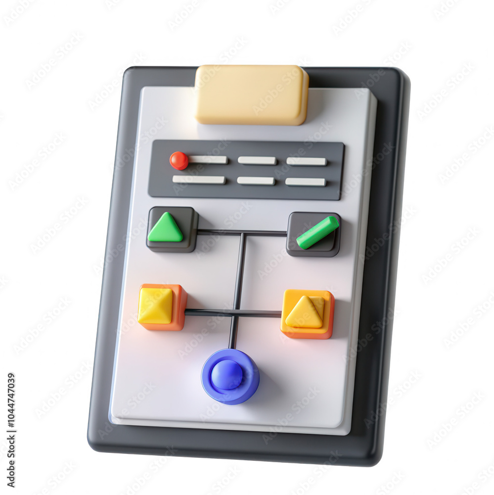 Poster a 3d rendering of a colorful control panel featuring various buttons and icons representing differen