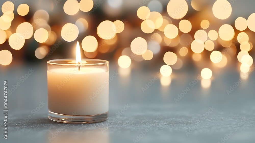 Poster creating a cozy atmosphere the warm glow of a candle surrounded by soft bokeh lights for relaxation 