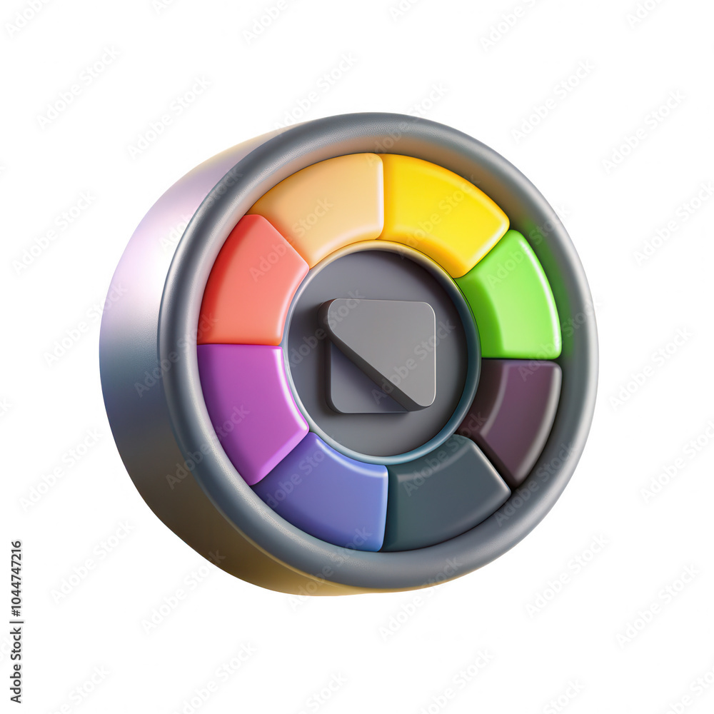 Poster a vibrant circular design featuring a color palette with various bright segments, a play button in t