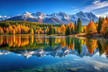 Obraz premium Silhouette of serene lake with reflections of autumn and snow capped mountains