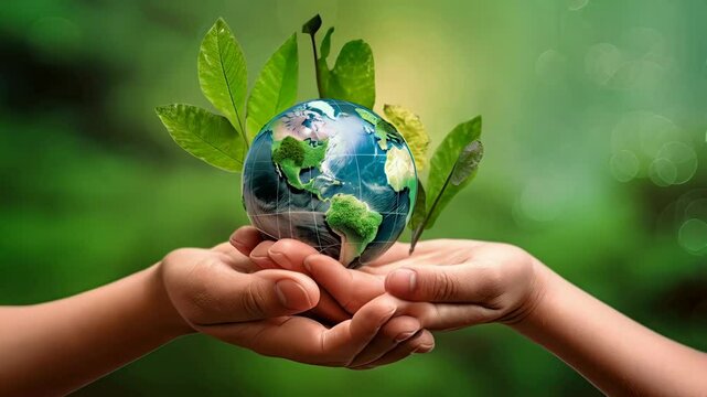 Two human hands holding a small globe of planet earth with a young plant inside, symbolizing green energy. Humans taking responsibility for the well-being and preservation of our planet. AI-generated