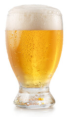 Glass of chilled light beer with beer foam head isolated on white background. Clipping path.