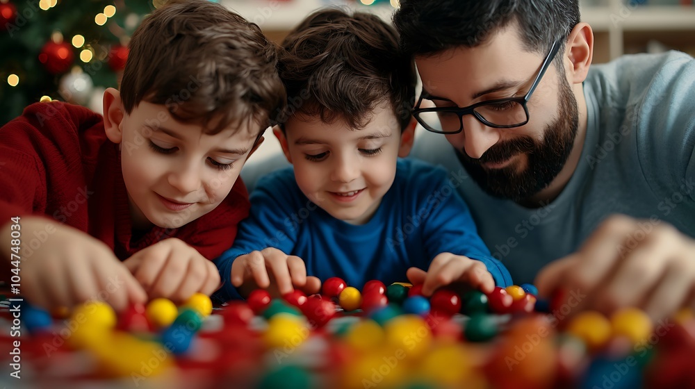 Wall mural engaging family moments a father and his two sons enjoying quality time together with colorful build