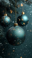 Beautiful Christmas Balls on Green Background with Text Space for Holiday Greetings