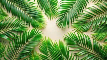 tropical background pattern of green palm leaves on a high angle view