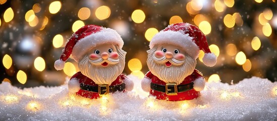 Two Cheerful Santa Figures Celebrate Christmas in a Snowy Scene With Glowing Lights . 