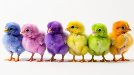 Colorful chicks isolated on white background.