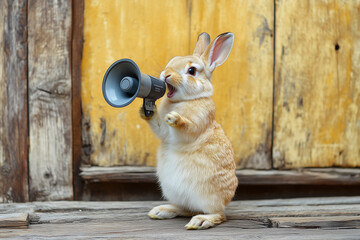 A cute rabbit holds a megaphone, appearing to announce something.