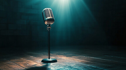 Old metallic microphone with retro vibes, spotlight shining on it in an empty music studio with dark walls, wooden floors, and acoustic foam panels.