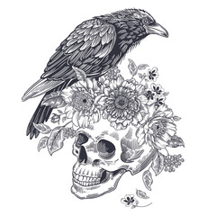 Obraz premium Peonies, skull and raven. Vintage Vector