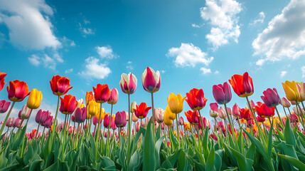 Fototapeta premium A breathtaking view of a tulip field in full bloom, showcasing a rainbow of colors under the blue sky.