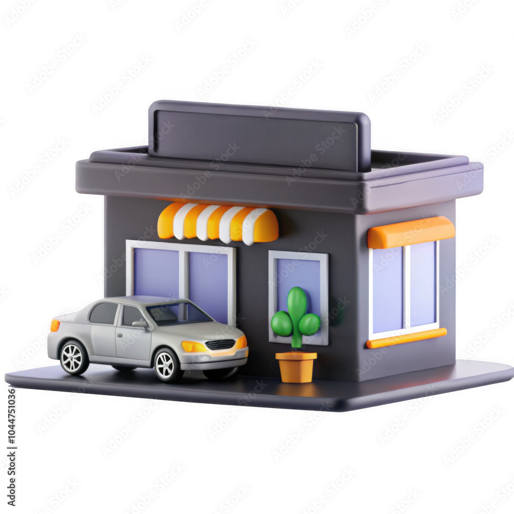 Poster a colorful 3d render showcasing a modern building with a car parked in front, featuring large window