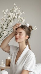 Naklejka premium Portrait of young Asian woman wearing white towel with hands on her head in spa room on beautiful decorative flower background