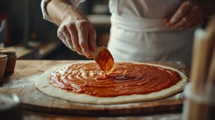 Wide shot of a chef spreading tomato sauce evenly over rolled-out pizza dough on a wooden board. 