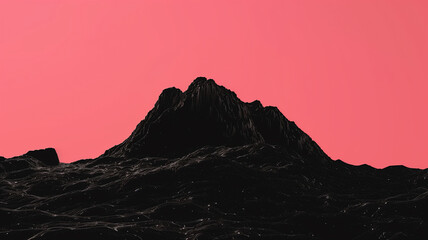 Naklejka premium Minimalist silhouette of a dark mountain against a soft pink sky, creating a striking contrast in a modern landscape scene
