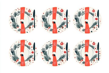 Festively decorated dinner plates with red napkins and holiday motifs arranged for a seasonal gathering