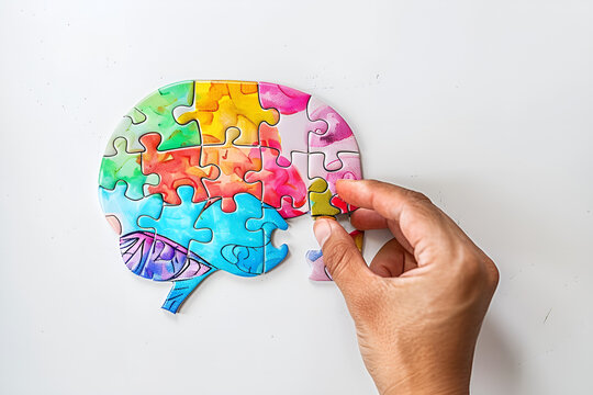 A hand is holding one piece of a colorful puzzle and placing it on a brain-shaped jigsaw puzzle, against a white background, with copy space, Generative AI