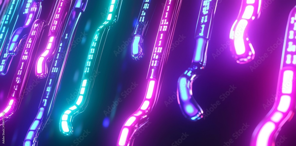 Poster binary code background with glowing blue and pink colors, representing data science and computer eng
