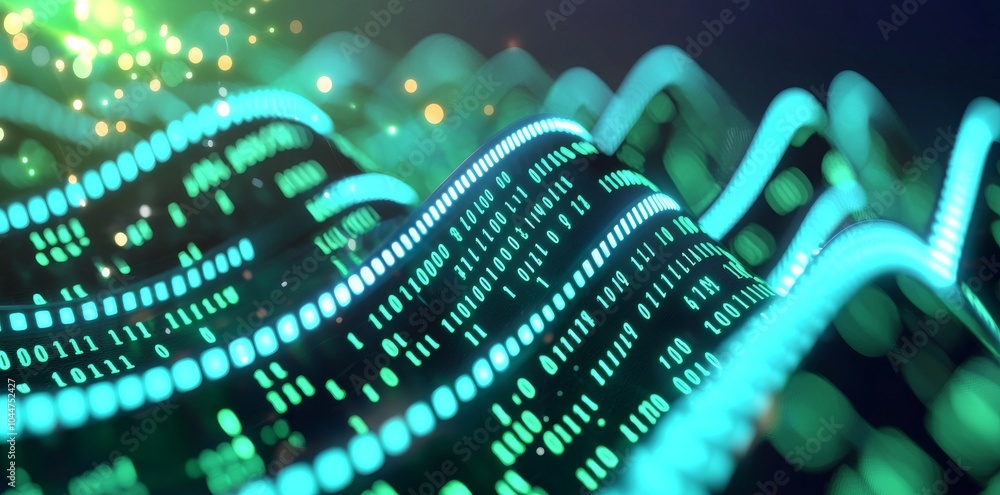 Aufkleber using green and blue matrixes as the background, the design is abstract and reflects digital data
