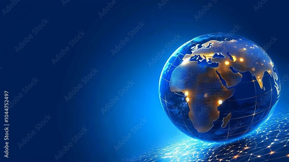 Poster an illuminated globe illustrates global data networks against a dark background in a contrasting blu