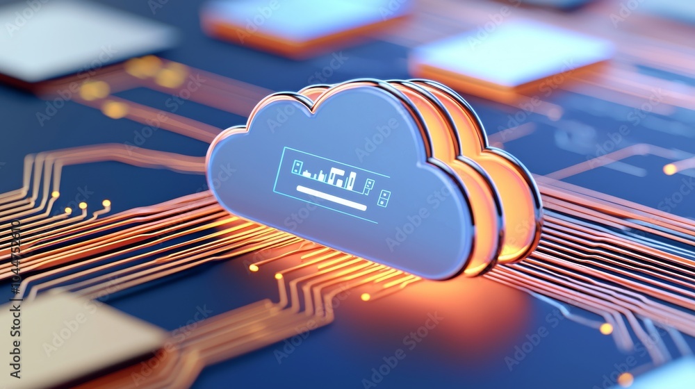 Poster modern cloud computing concepts illustrated in a futuristic representation with digital interfaces a