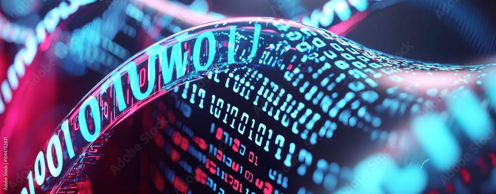 Poster binary code and glowing lights representing data technology on a smartphone desktop background. data