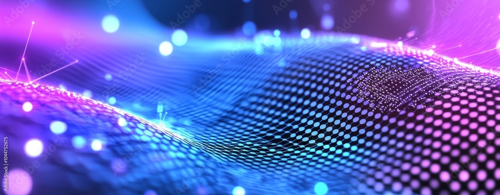 Poster visualization of big data. abstract background with lines and dots interwoven. blue and purple techn