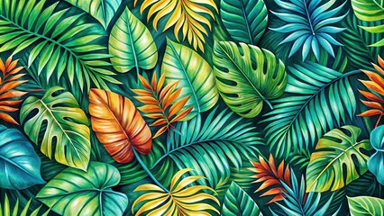 Naklejka premium Tropical foliage pattern in vibrant gouache paint from a high angle view