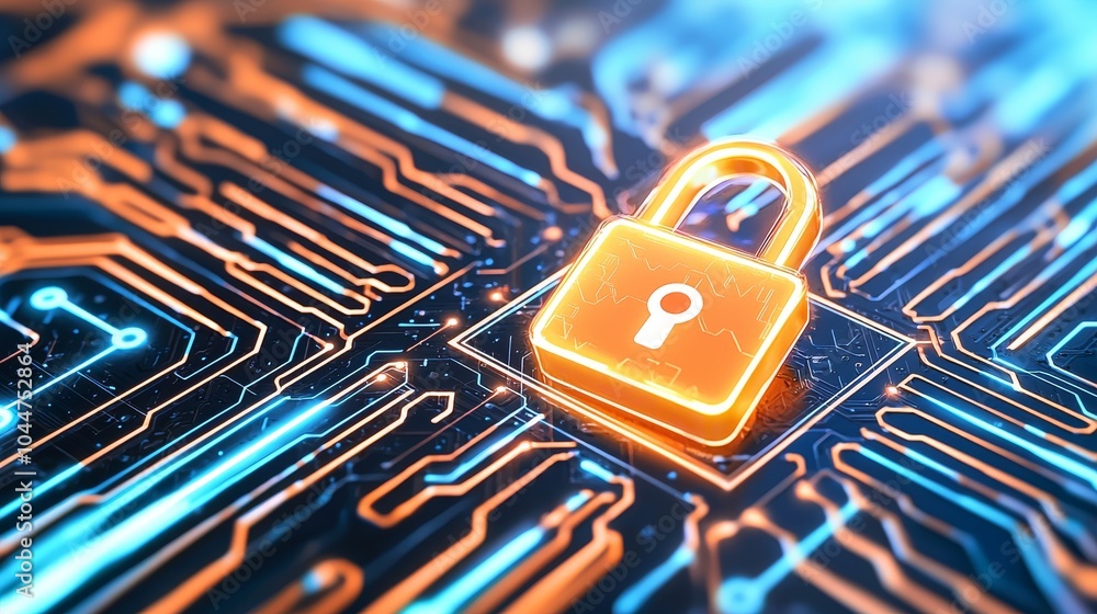 Poster with encryption streaming between devices, this secure digital data transfer is emphasized by lock i