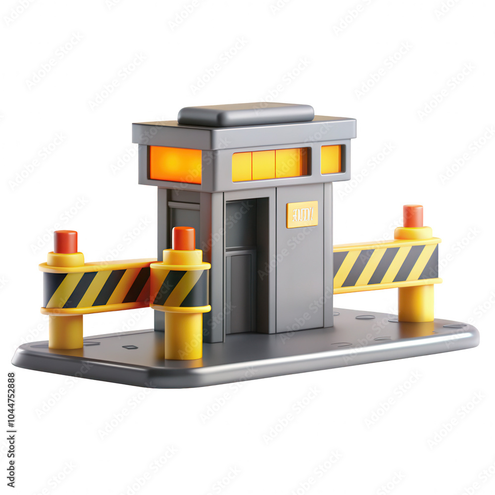 Poster a 3d rendered guard booth with bright colors and barriers. the booth features warning colors and a f