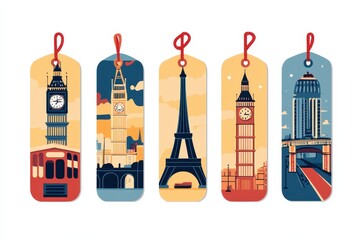 Colorful travel-inspired bookmarks featuring iconic landmarks like Big Ben and the Eiffel Tower
