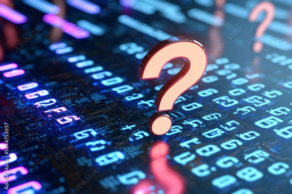 Poster there is an icon representing uncertainty within technology, depicted as a question mark on a digita