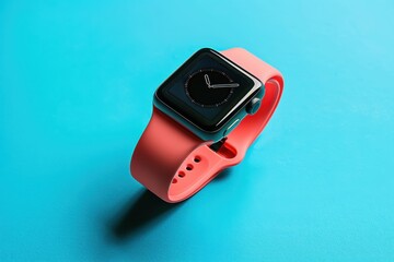 Modern smartwatch with a vibrant pink strap on a bright blue background