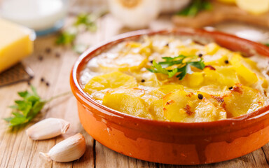 Potato gratin with cream and cheese. french gratin dauphinois