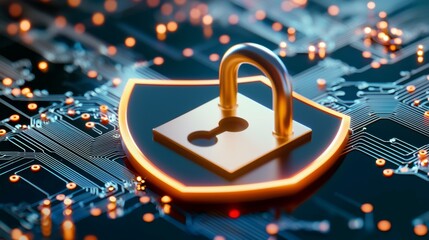 Fototapeta premium An icon of a shield with a digital lock hovering over binary code and data streams, symbolizing cybersecurity.