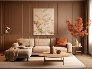 Living room interior in modern minimalist style with wooden panneling. Natural and light colors interior with wood wall panels, bronze metallic accent decor and large artwork. Wood panneling walls. 