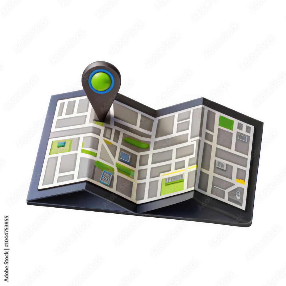 Poster an isolated 3d illustration of a modern map with a location pin, showing a layout with streets and l