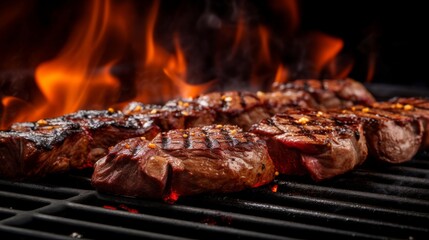Close-up of Grilled Steaks on a Hot BBQ Grill with Flames