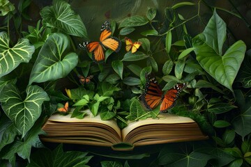 Open book surrounded by lush foliage with monarch butterflies flying around, evoking a sense of wonder and the beauty of nature