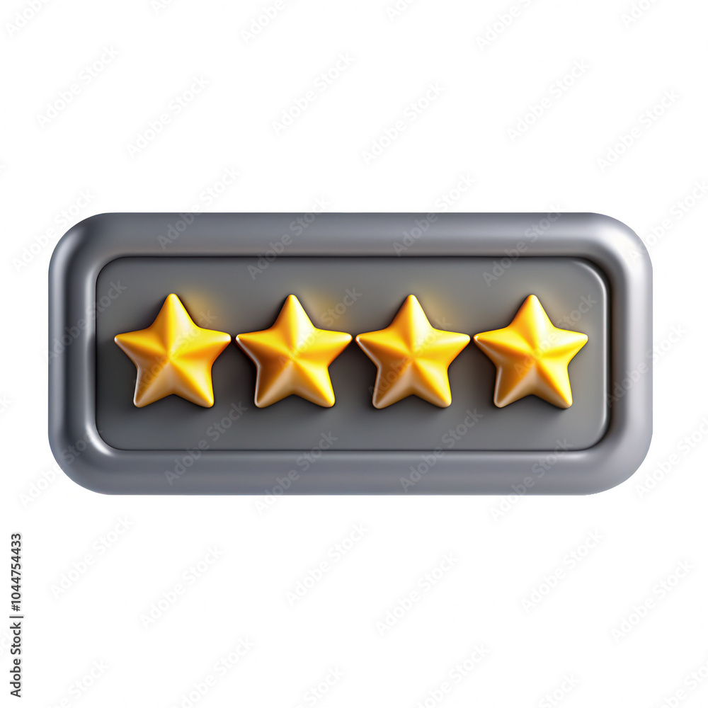Poster a 3d rendering of a golden star rating badge with four stars on a silver background. this illustrati