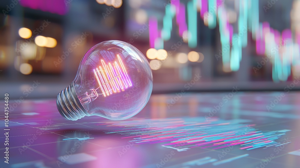 Poster a glowing light bulb with a blurry background and data visualization