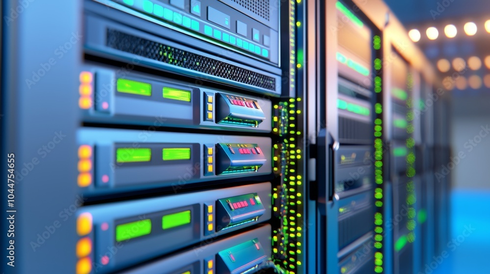 Poster there are rows of server racks, illuminated lights, advanced technology, high-speed connectivity, an