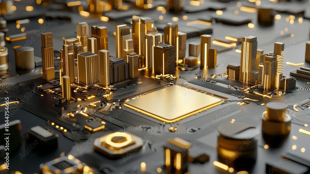 Poster symbolizing technology, data flow, and innovation in computing, this circuit board path is lighted w