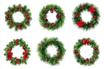 Decorative holiday wreaths featuring pinecones, berries, and vibrant bows on a bright white background