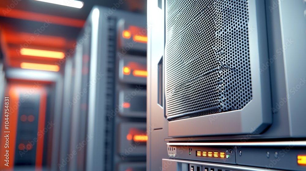 Poster a modern data center with rows of server racks, illuminated lights, advanced technology, high-speed 