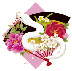 巳年　年賀状素材　ピンク四角に扇に白蛇