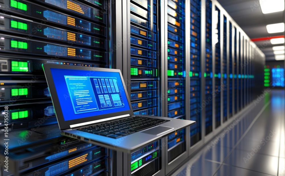 Aufkleber 3D rendering of a server room in a datacenter with data servers. LED lights flashing.