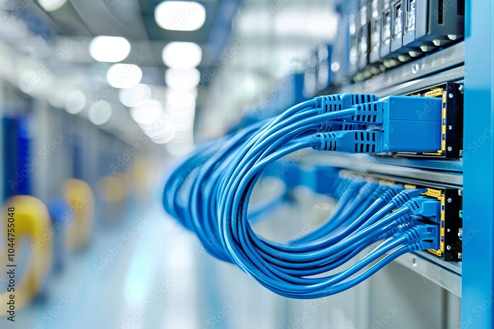 Poster data center concept with network switch and ethernet cables.